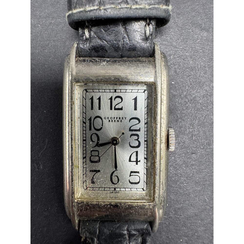 Geoffrey Beene Watch Silver Tone Rectangular Date 236-Y121 Black Leather Band
